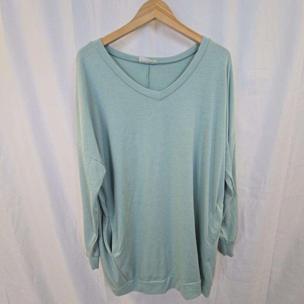Zenana Shirt Womens 1X Green V Neck Long Sleeve Tunic Top Pockets Soft Stretch